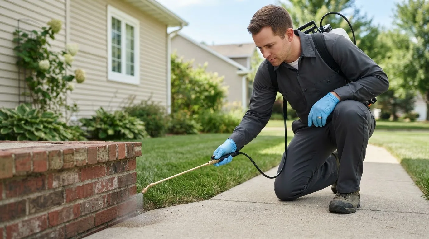 Pest control technician treating a home near Eastlake, OH