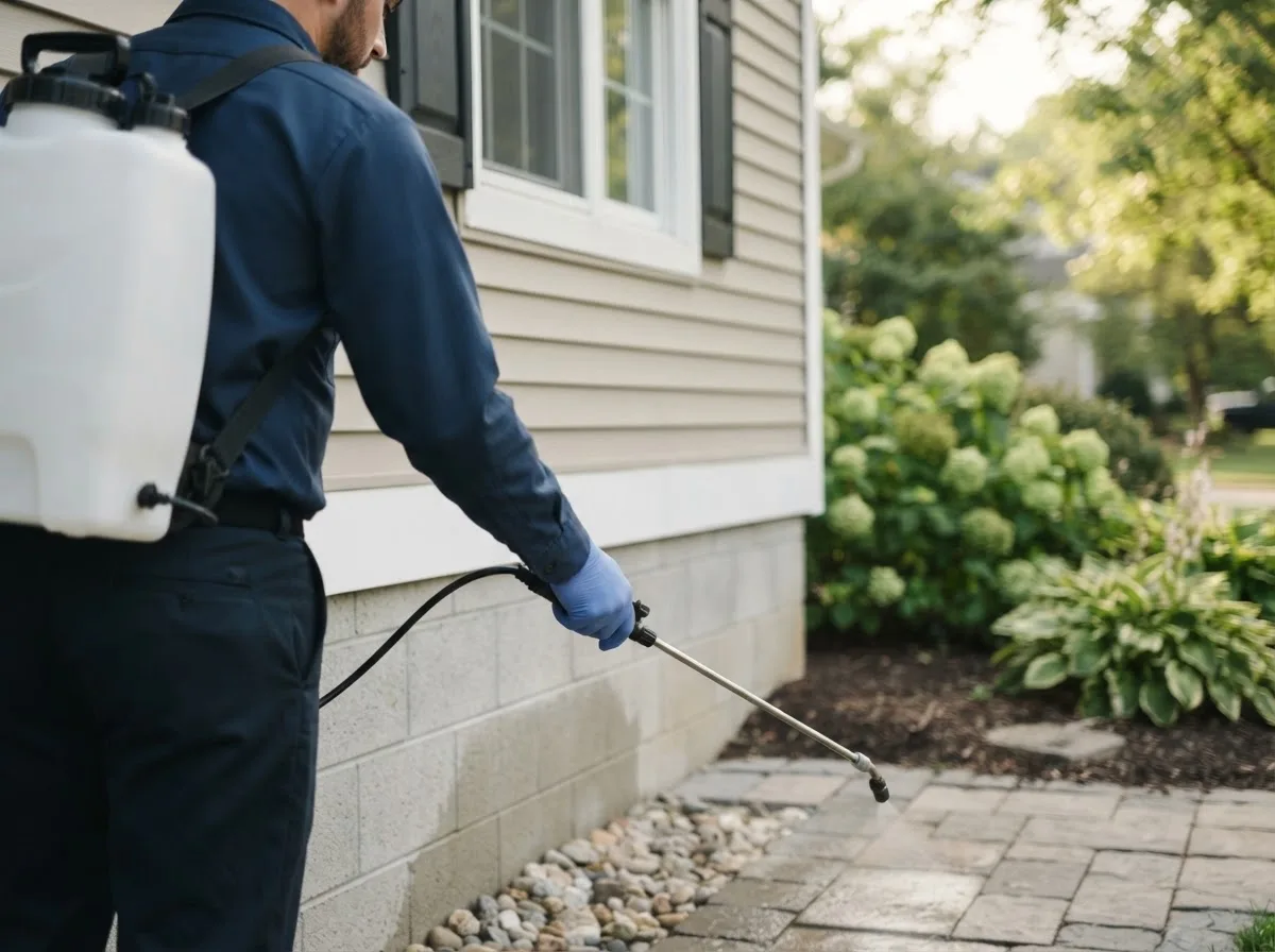 Pest control technician inspecting a home in Eastlake, OH